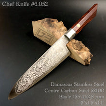 Laden Sie das Bild in den Galerie-Viewer, CHEF Knife 155 mm, Integral Bolster, Damascus Stainless Steel, Author&#39;s work, Single copy.