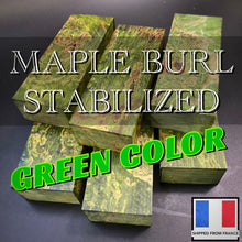 Laden Sie das Bild in den Galerie-Viewer, MAPLE BURL Stabilized Wood, GREEN COLOR, Blanks for Woodworking. France Stock.