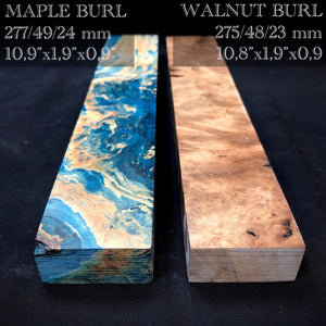 Set 2 Long Blank Maple Burl, Walnut Burl - Stabilized Wood. France Stock